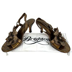 BRIGHTON Raya Bronze Floral Embellished Heeled Sandals SZ 9.5M Benchmade Brazil